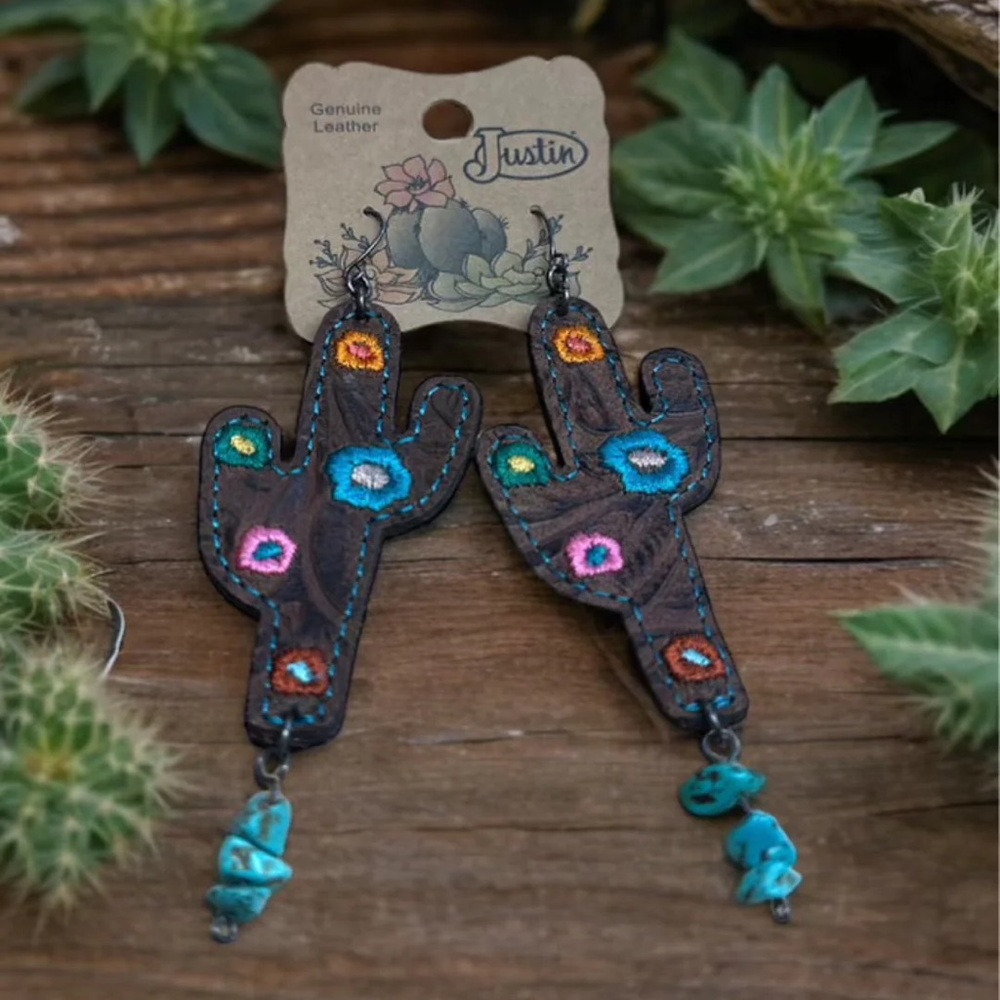 Nwt genuine leather Justin Boots Brown Cactus Earrings with Turquoise Accents
